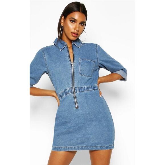 Boohoo Dresses & Skirts - NWOT Boohoo Zip Up Denim Dress Size 8